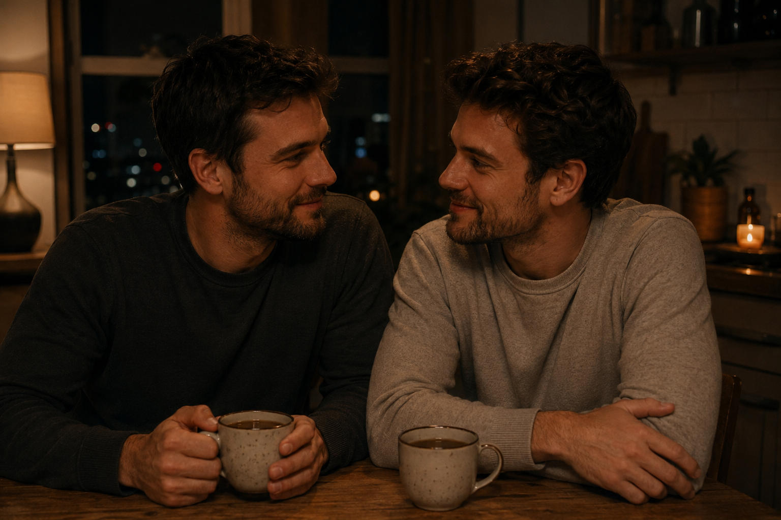 Two men sitting at a kitchen table at night with mugs of tea, talking calmly